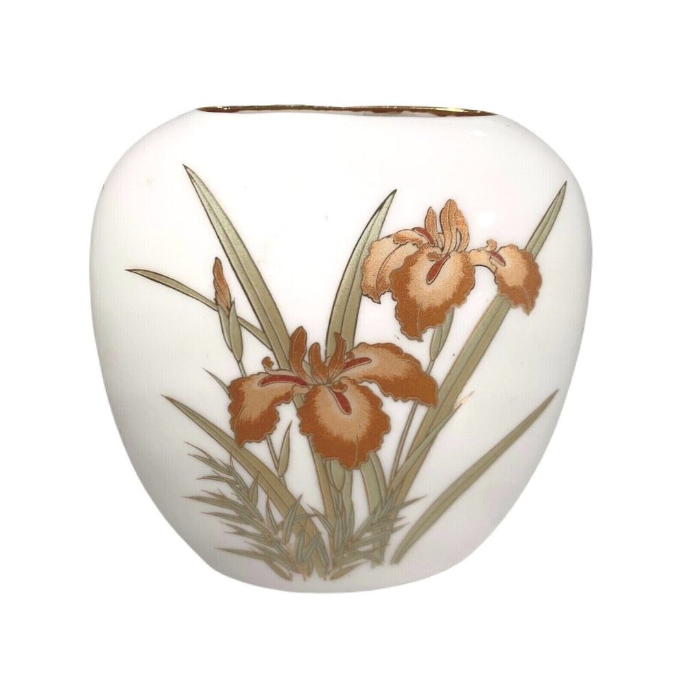 Vintage Japan Iris Flowers Pillow Vase 4.25 inch metallic gold etched Fine China